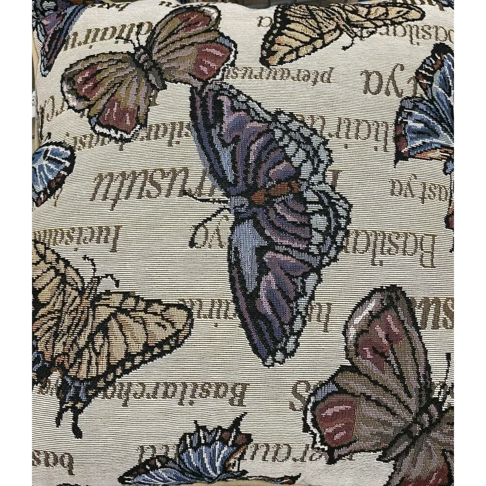 Riverdale Tapestry Throw Butterfly Pillow Butterflies Nature Fall Tan 16x16 EUC
